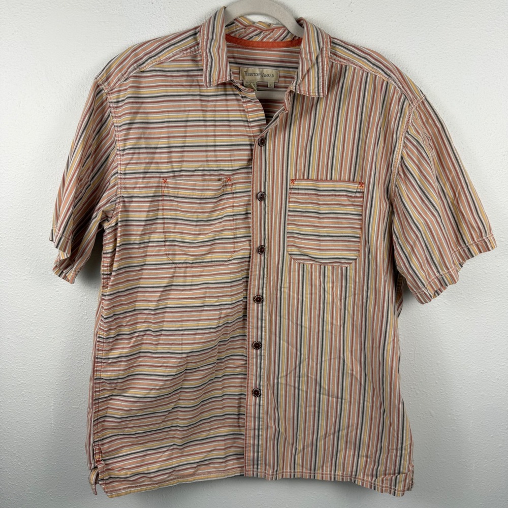 Territory Ahead Mens Short Sleeve Button Down Stripe Cotton Shirt‎ Orange Large